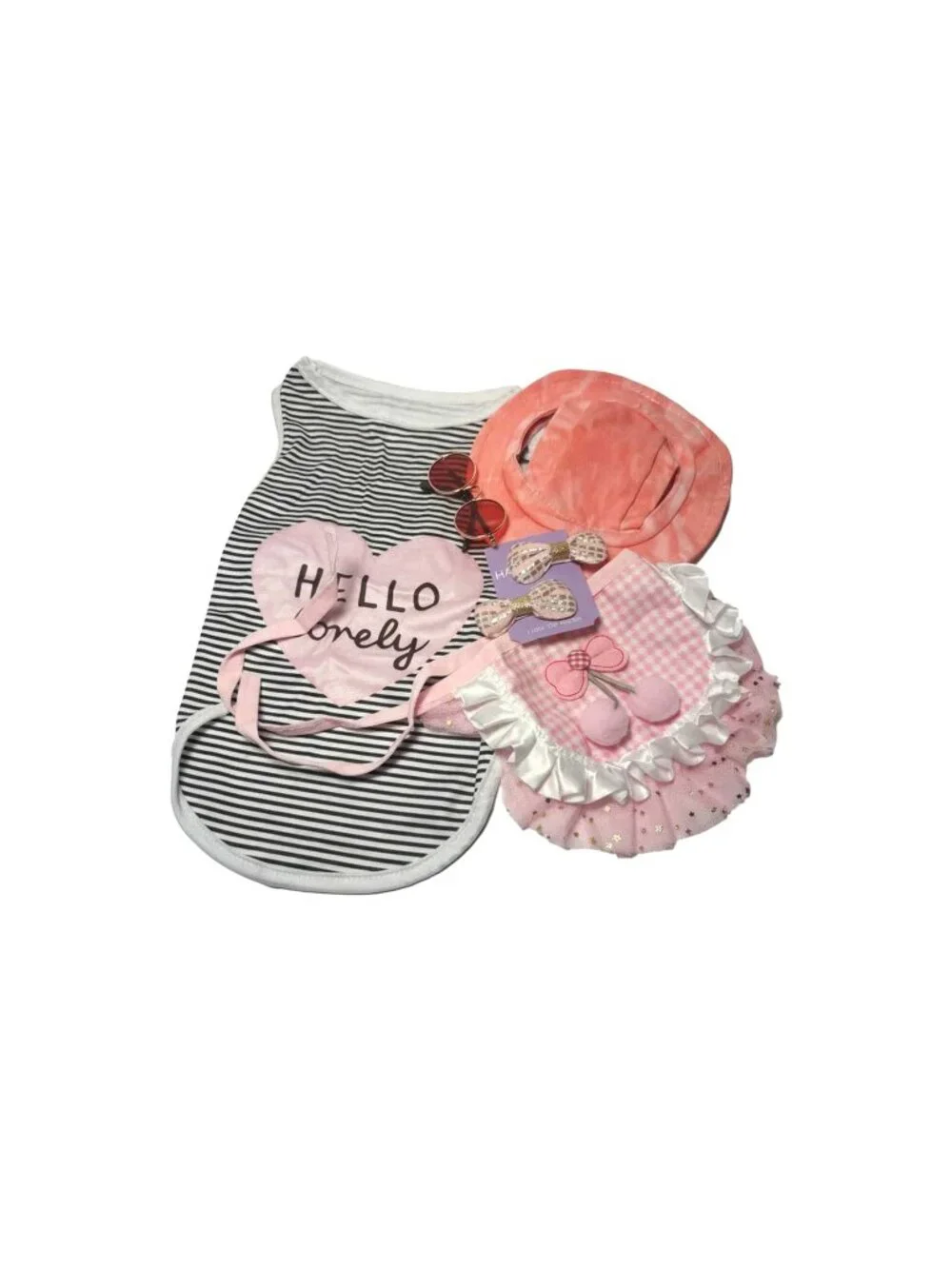 Hello Lovely Dog Outfit Set | Sun Hat, Sunglasses & Skirt